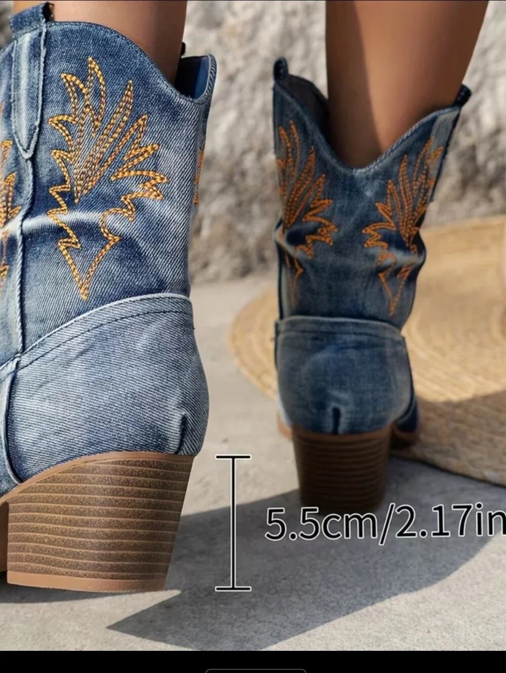 Western Denim Embroidered Mid-Heel Ankle Boots - Blue